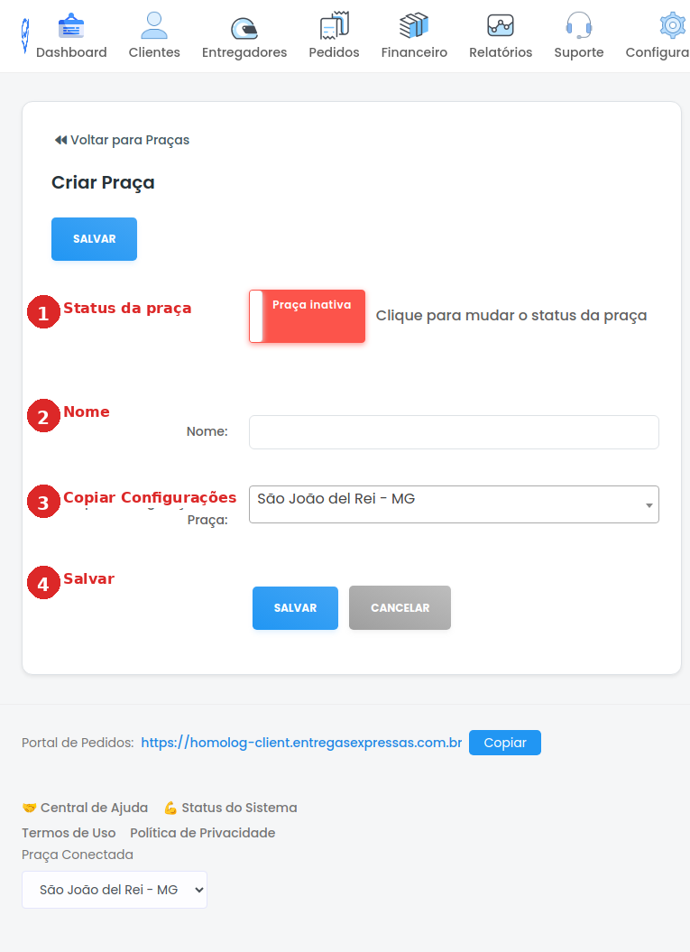 Formulário de criação de praça com campos numerados