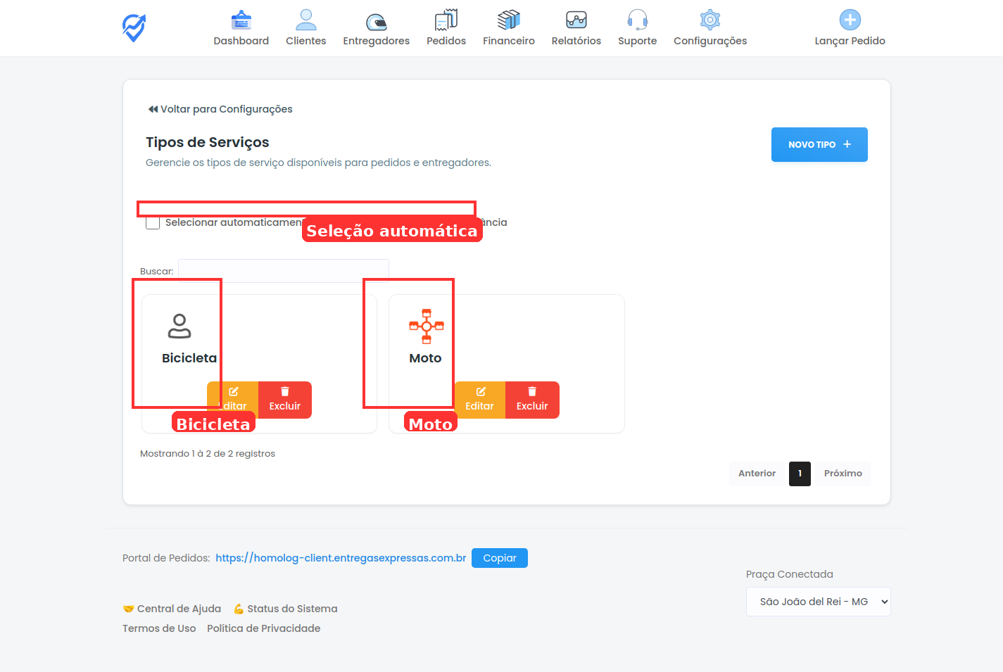 Tela de Tipos de Serviços mostrando as categorias Bicicleta e Moto