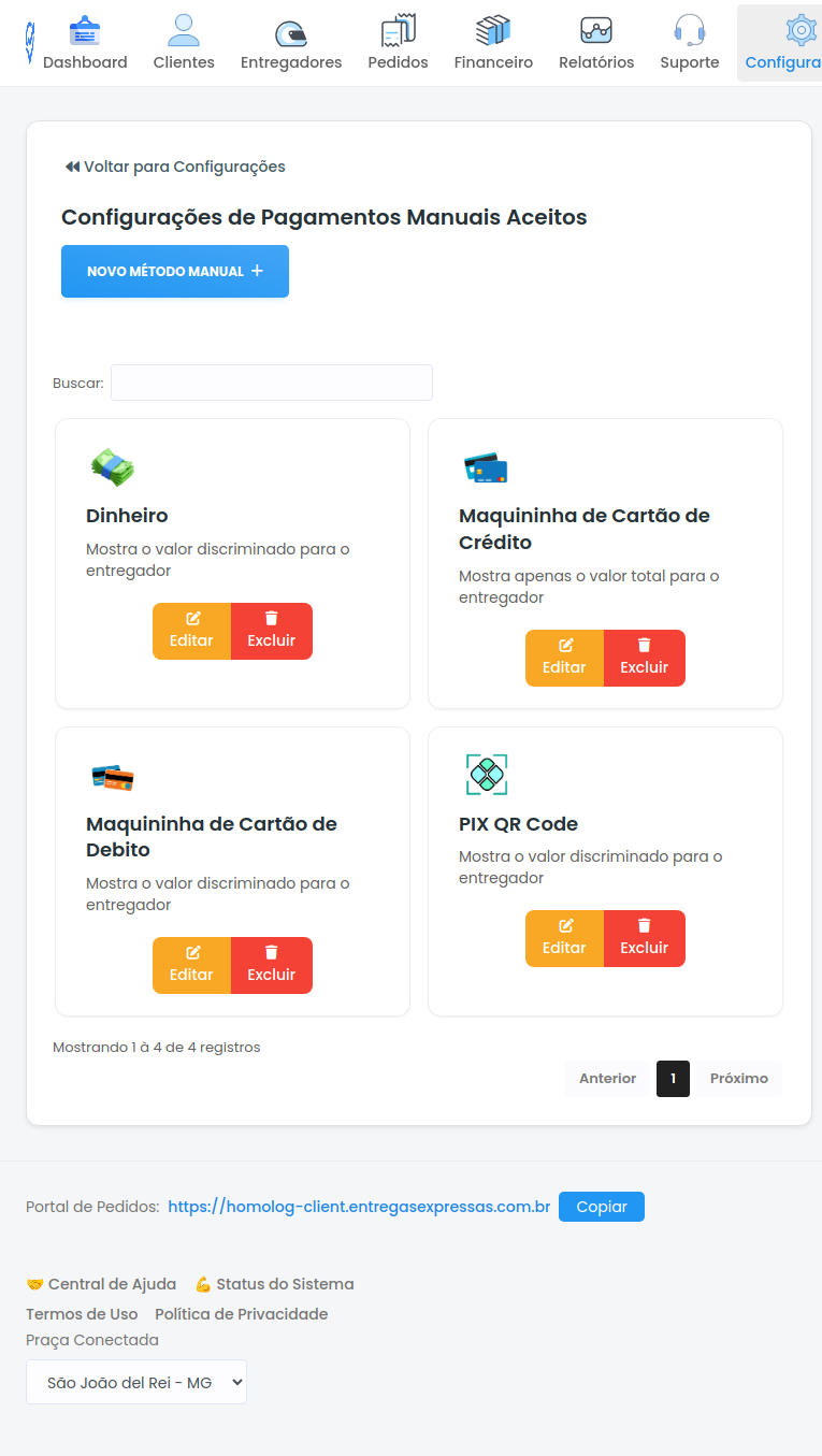 Lista de Métodos de Pagamento Manual