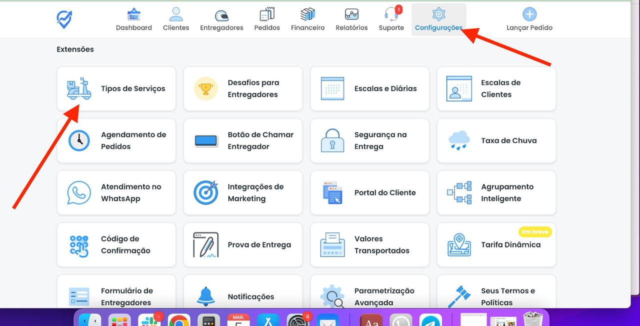 Configurações - Tipos de Serviços com seta indicando o card