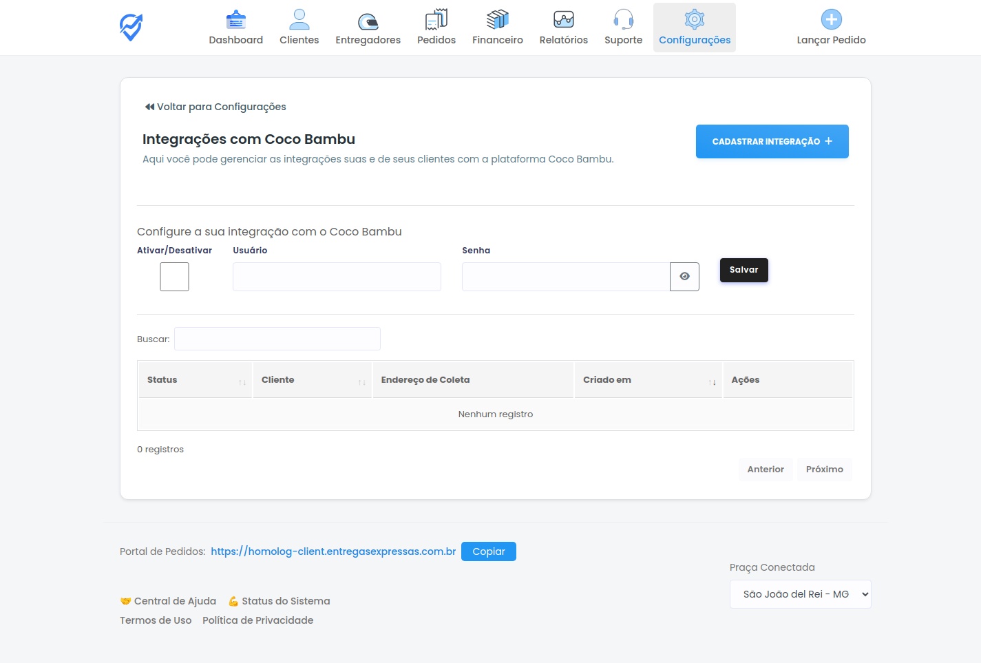 Tela de integrações com Coco Bambu