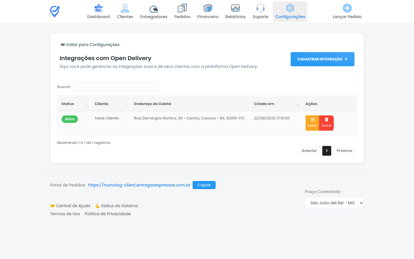 Tela de Integrações com Open Delivery