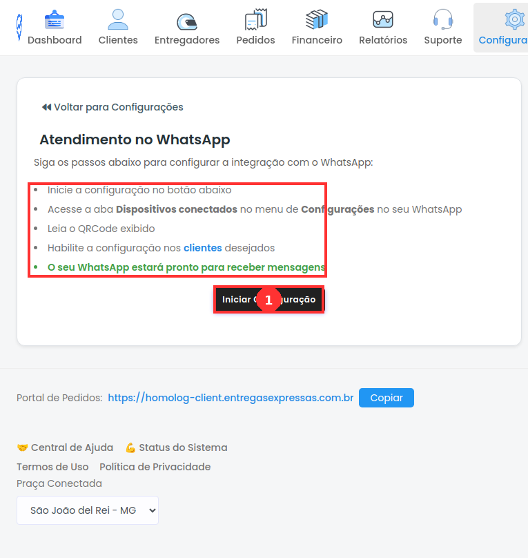 Tela de Configuração do WhatsApp